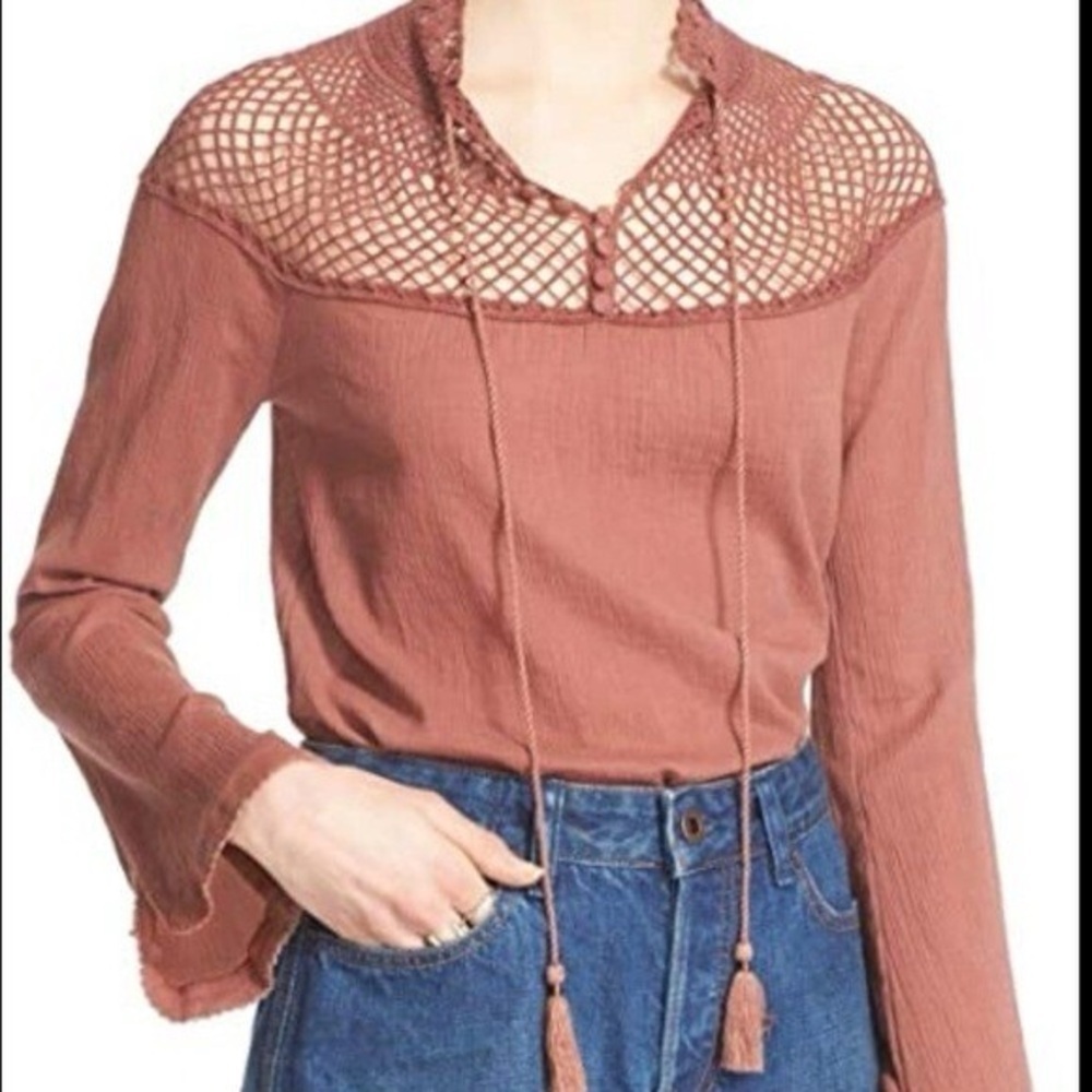 Free People Terracotta Blouse with Crochet Yoke